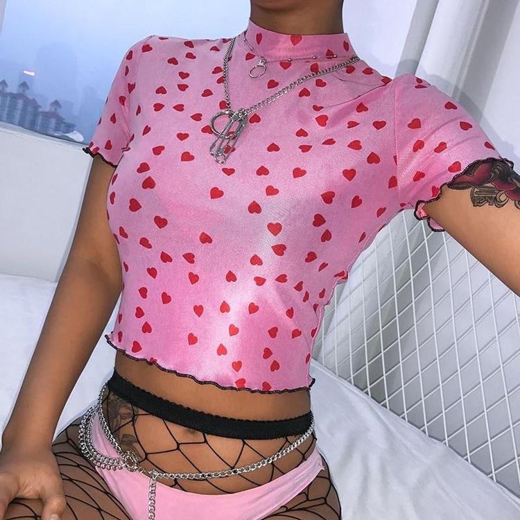 Pink Heart Print Crop Top